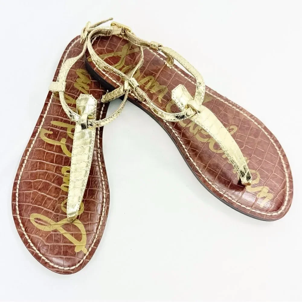 Sam Edelman GIGI Gold Metallic Reptile Embossed Leather T Strap Thong Sandals